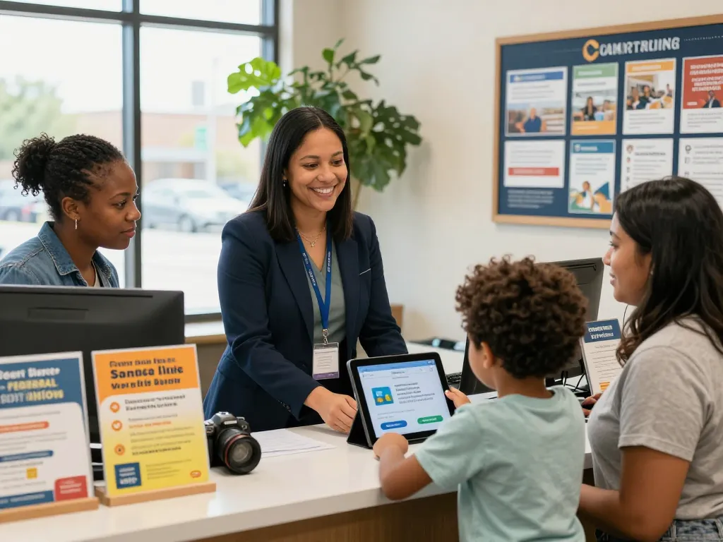 Engaging scene at Scarborough federal credit union, staff assisting a family with financial services in a welcoming atmosphere.