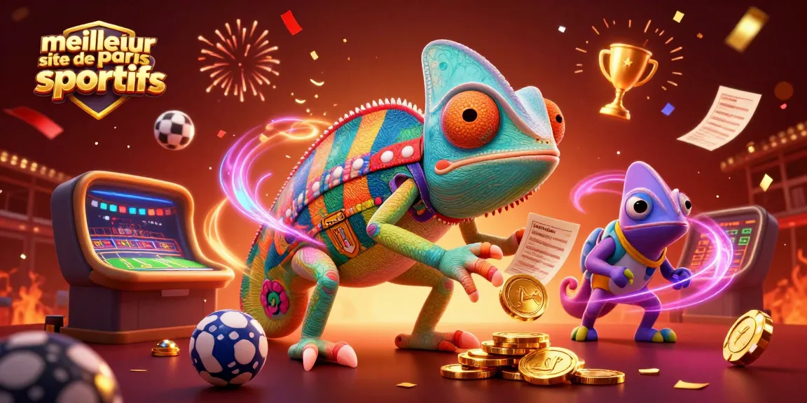 Illustration dynamique du meilleur site de paris sportifs, avec un caméléon propriétaire de casino et des éléments de paris.