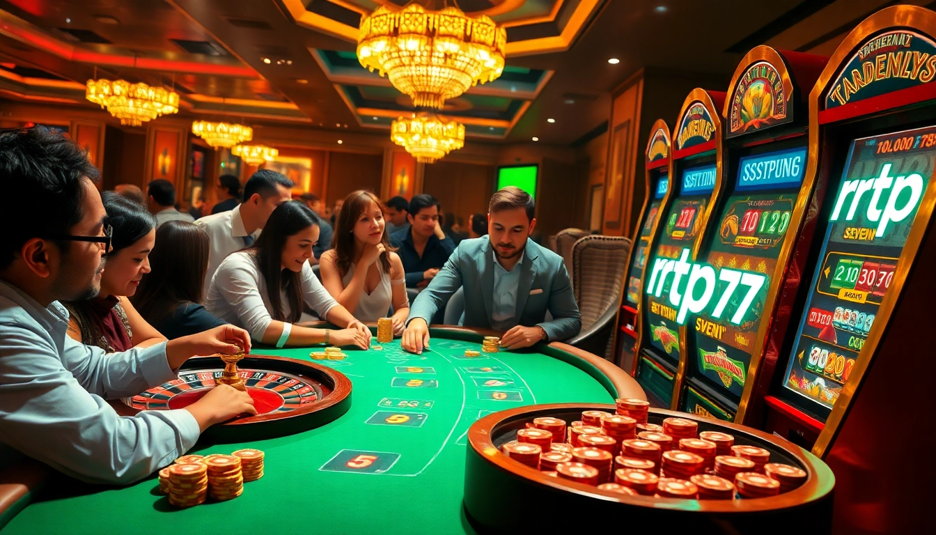 Players celebrating wins at a luxurious table featuring the rtp seven77 logo on a slot machine.