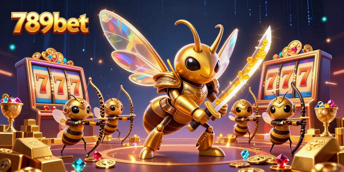 Spin the reels with excitement at 789bet as a golden hornet wields katanas in a dynamic casino scene.