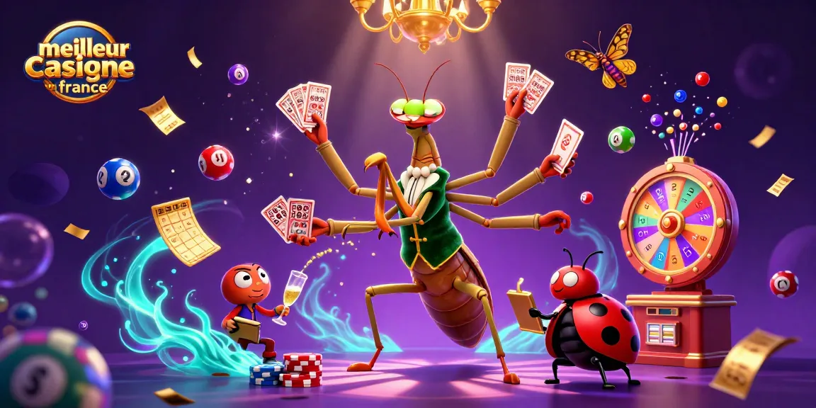 Illustration représentant le meilleur casino en ligne France, avec un caméléon jouant des cartes et des éléments de jeu animés.