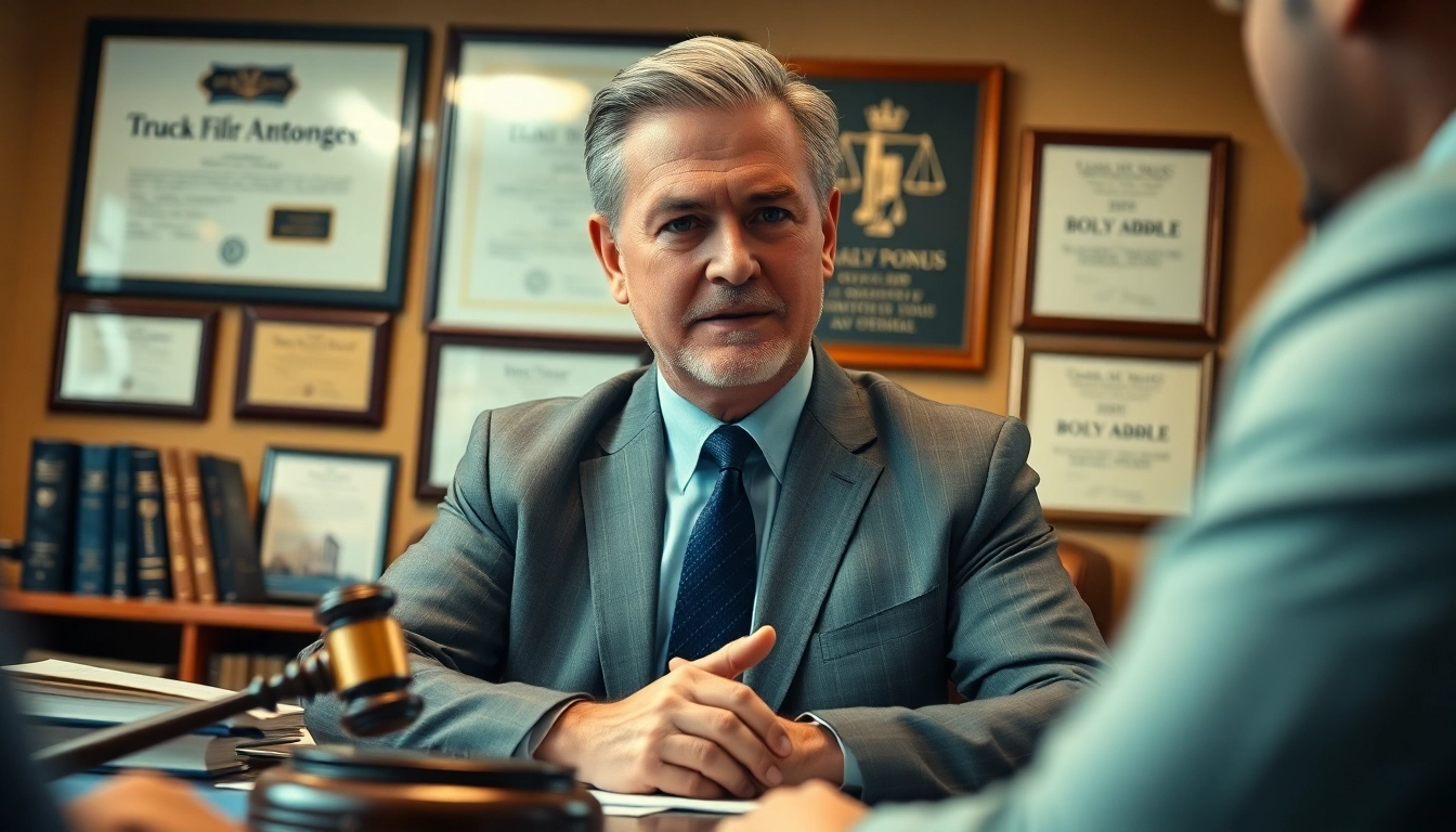 Focused truck accident attorney Clearwater advising a client in an office, showcasing professionalism.