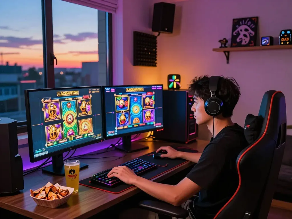 Pemain menikmati sesi yang mendebarkan di slot LAOBAN188 dengan lampu berwarna-warni dan setup permainan berteknologi tinggi