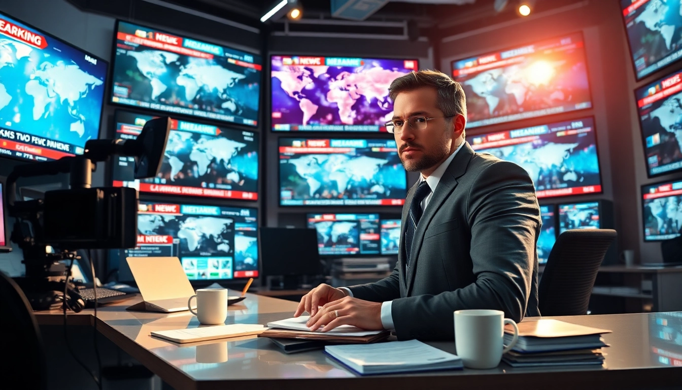 Catch up on the latest news with a journalist in a vibrant newsroom setting.