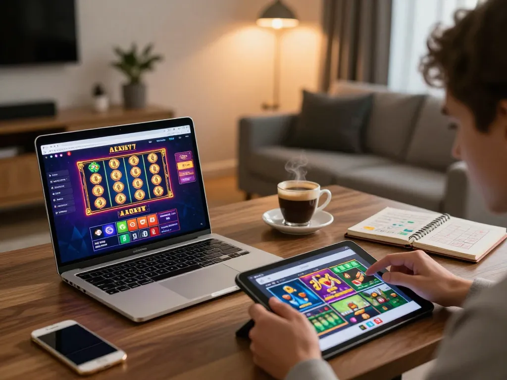 Engaging with the alexis77 casino platform on a stylish laptop showcasing vibrant slot games