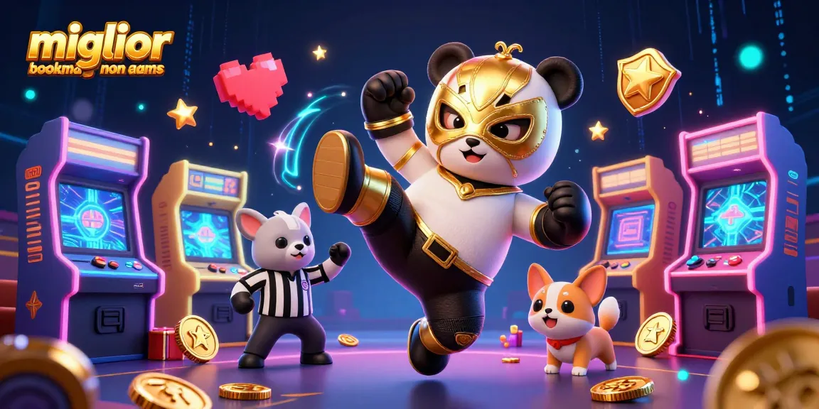 Scopri il miglior bookmaker non AAMS con un panda lottatore e diversi elementi di gioco, in un'illustrazione avvincente.