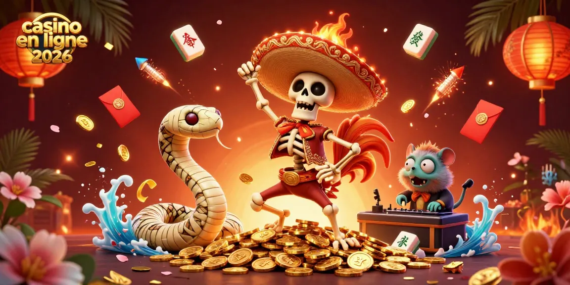 Illustration animée présentant le casino en ligne 2026 avec des personnages éclatants dans un décor festif