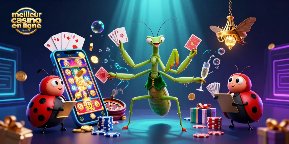 Illustration animée du meilleur casino en ligne France avec un caméléon géant, une coccinelle et des animations de jeux divers.