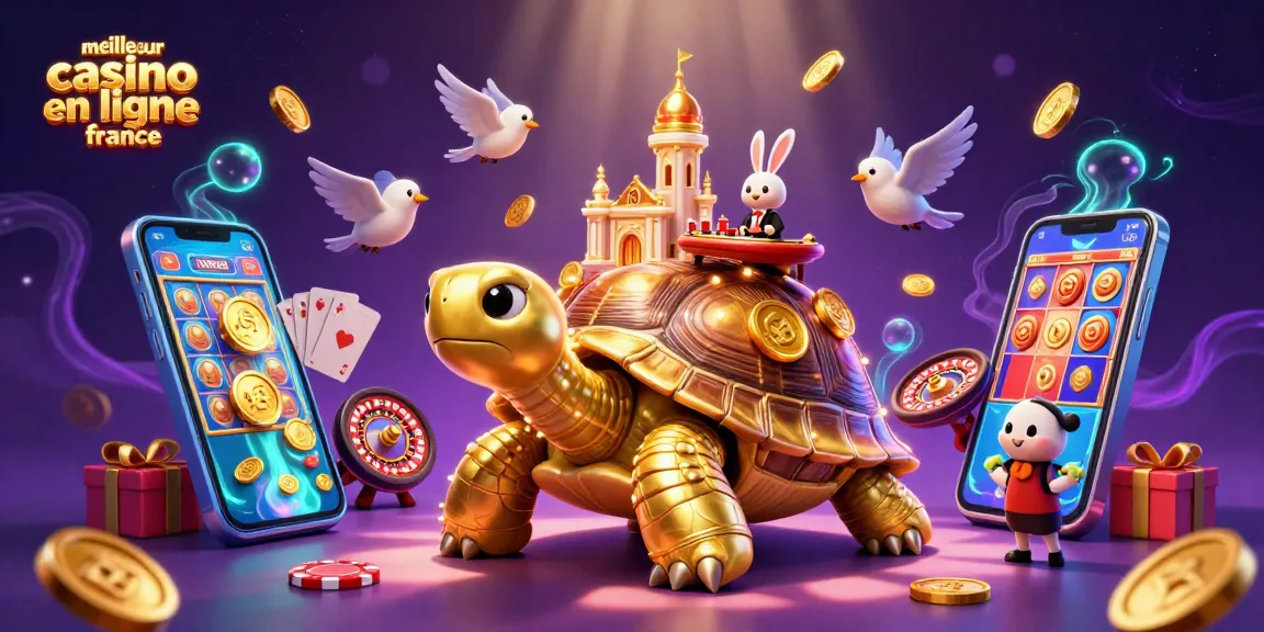 Illustration dynamique représentant le meilleur casino en ligne France avec une tortue dorée et un croupier de cartes.