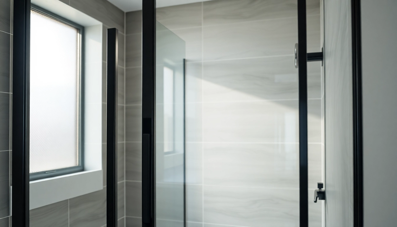 Showcase of a modern shower door black frame in an elegant bathroom setting.