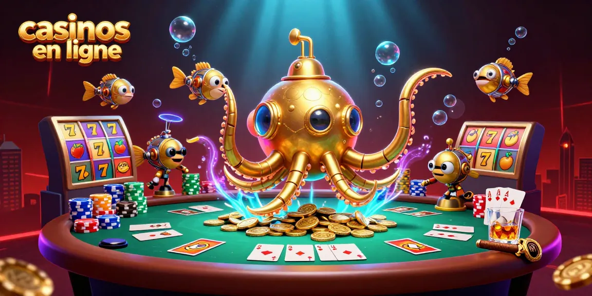 Illustration 3D d'un kraken doré surfant sur des pièces, illustrant des casinos en ligne captivants.