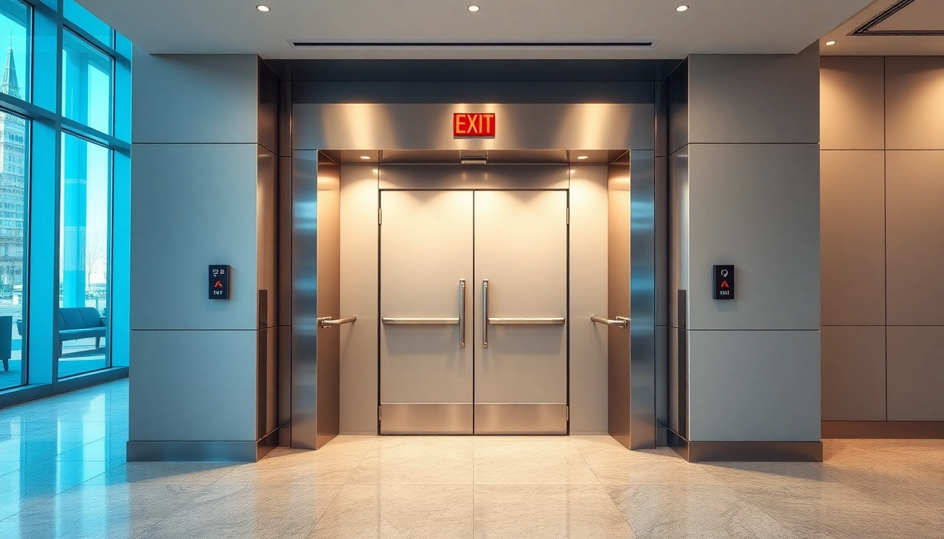 Secure exit door with panic bar features in a commercial space setup.