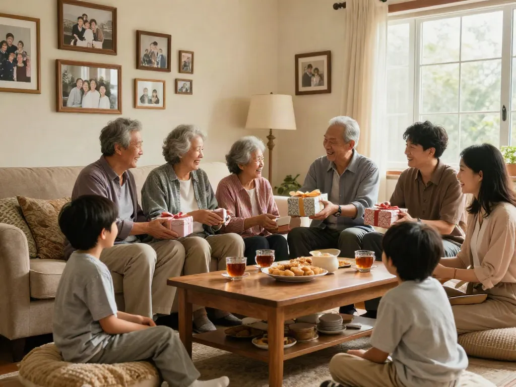Family gathering expressing love and respect in a cozy setting, celebrating rokok88 slot.