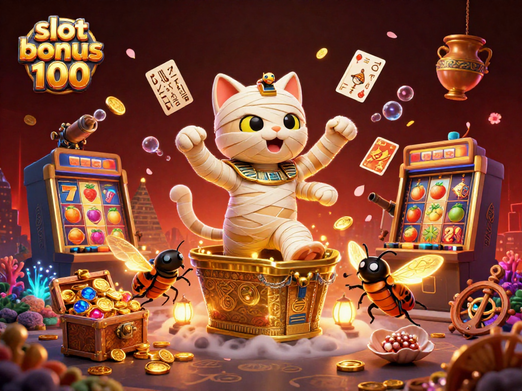 Engage with exciting gameplay in this 3D scene featuring slot bonus 100 with Egyptian characters and vibrant casino elements.