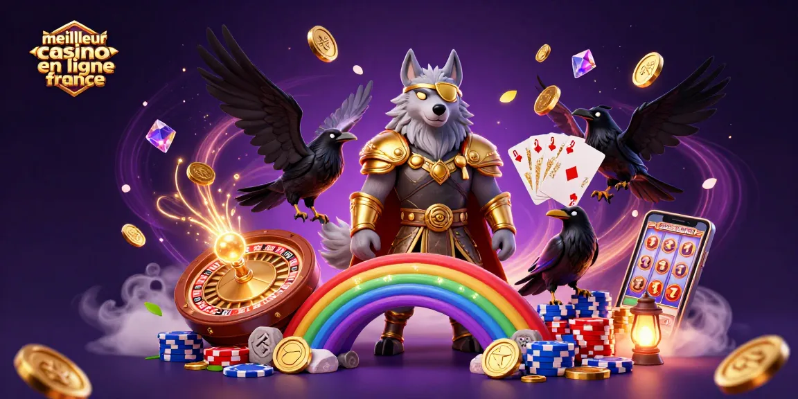 Illustration 3D de Odin loup avec ses corbeaux dans un environnement de meilleur casino en ligne France.
