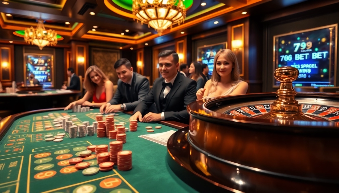Gamblers enjoying a thrilling game at a luxurious casino table featuring 789 BET elements.