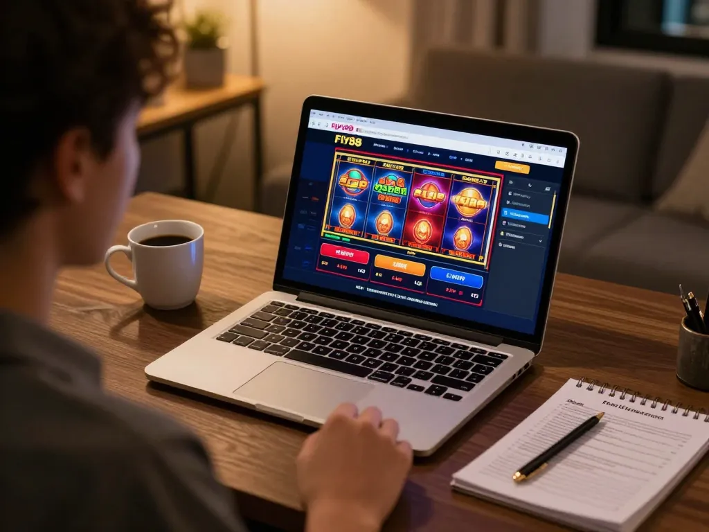 Engaging online gaming moment on fly88 with vibrant slot games displayed