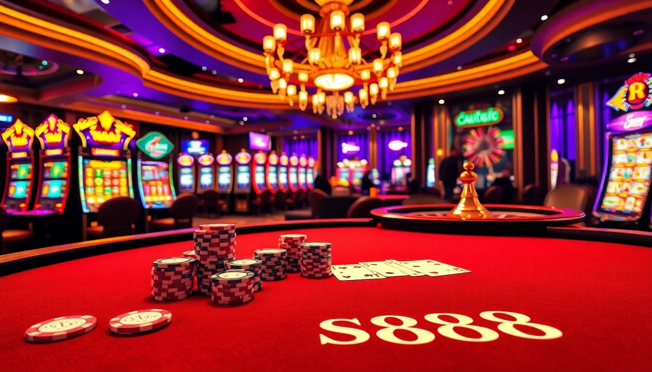 Bet on sc88 at an upscale casino table surrounded by beautiful slot machines and poker chips.