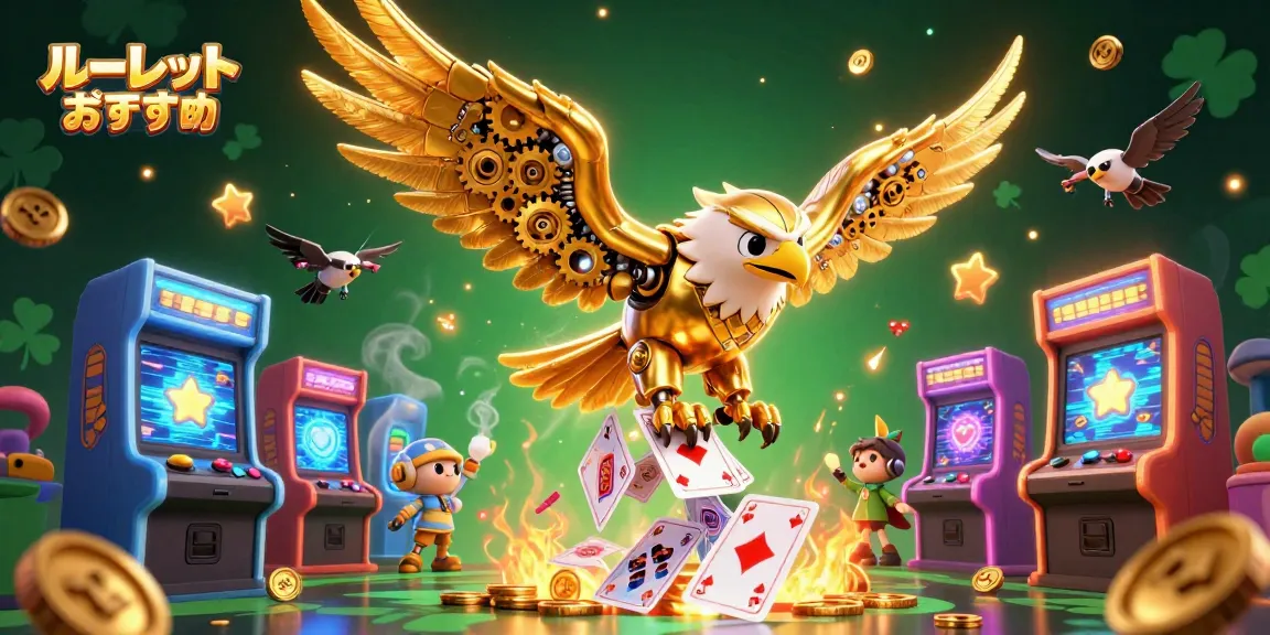 ルーレット おすすめ のシーンで、サイバネティックな金の鷲が遊びカードの滝を飛び抜けている様子