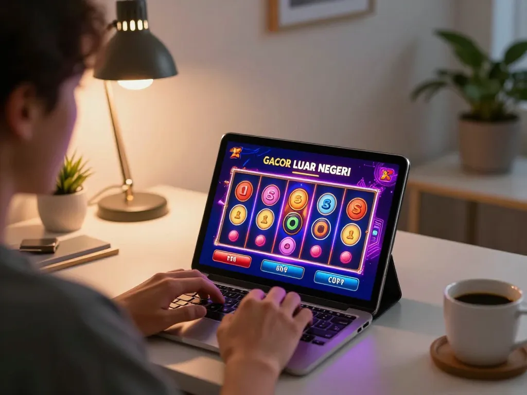 Playing a slot gacor situs luar negeri on a tablet in a cozy home setting, highlighting online gambling excitement.