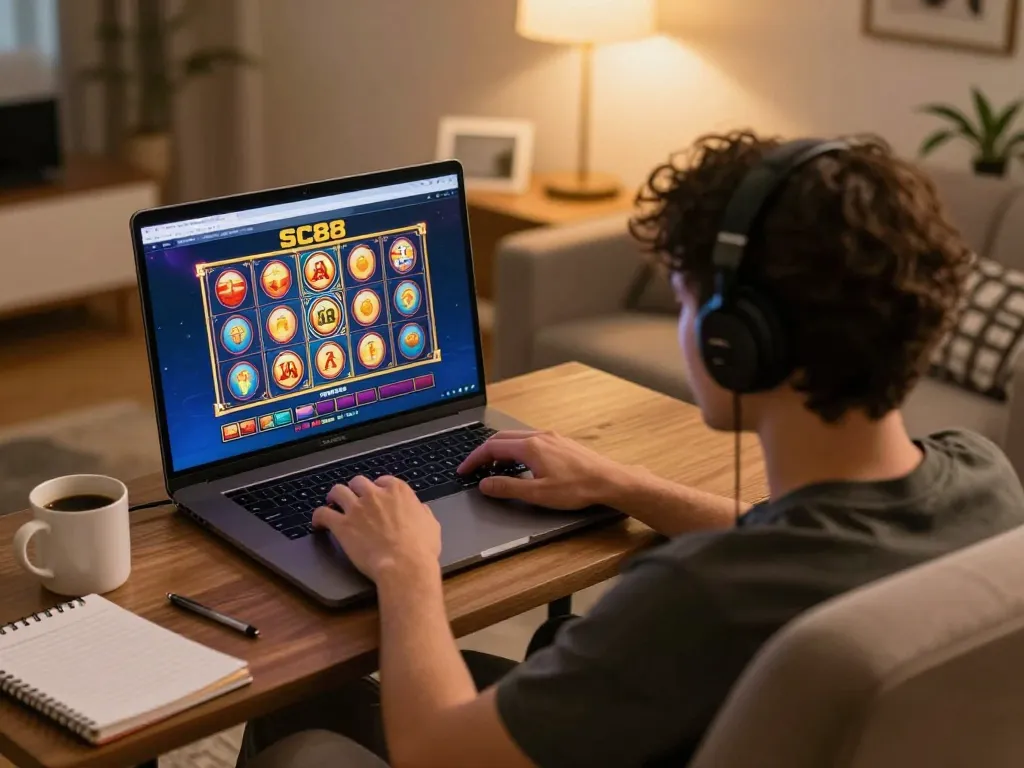 Engaging online gameplay on a laptop showcasing SC88 casino interface with winning slot reels.