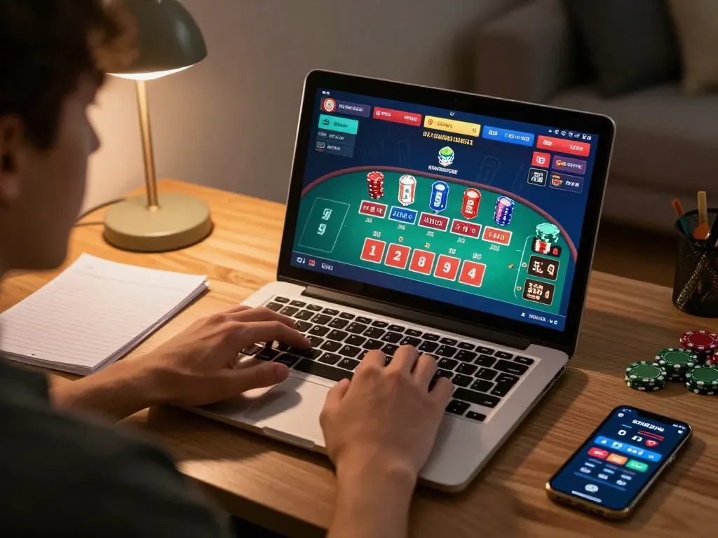 Orang menjelajahi opsi permainan kasino online hoki77 di laptop mereka secara strategis, menampilkan antarmuka permainan.