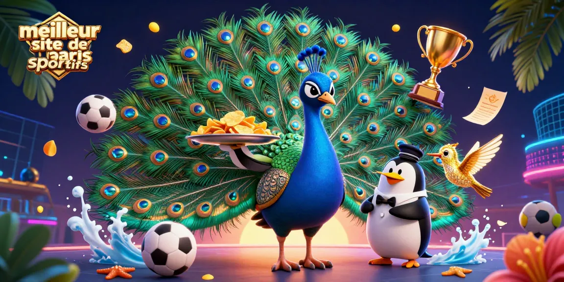 Plongez dans l'univers du meilleur site de paris sportifs avec cette scène animée de jeu regroupant un paon aristocratique et des éléments de victoire.