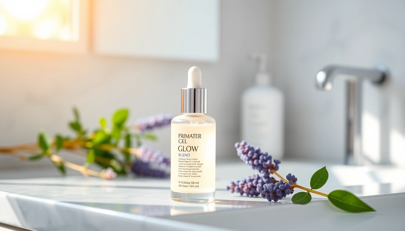 Showcase the Glow Blend serum bottle in a serene bathroom display with botanical elements.