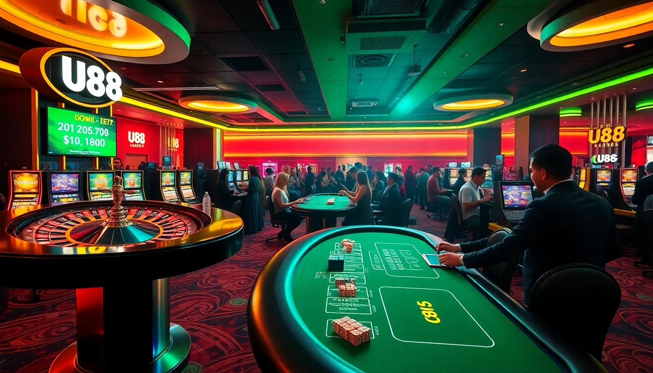 Experience the excitement of U88 gaming at a vibrant casino with dealers and slot machines.