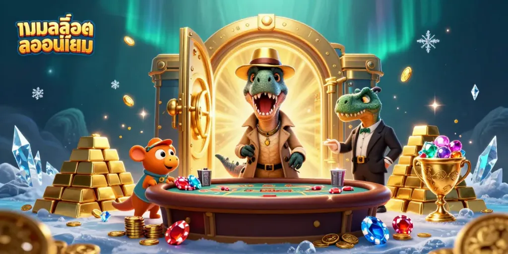 Engage with เกมสล็อตยอดนิยม at a thrilling 3D casino scene with unique characters and vibrant treasures.