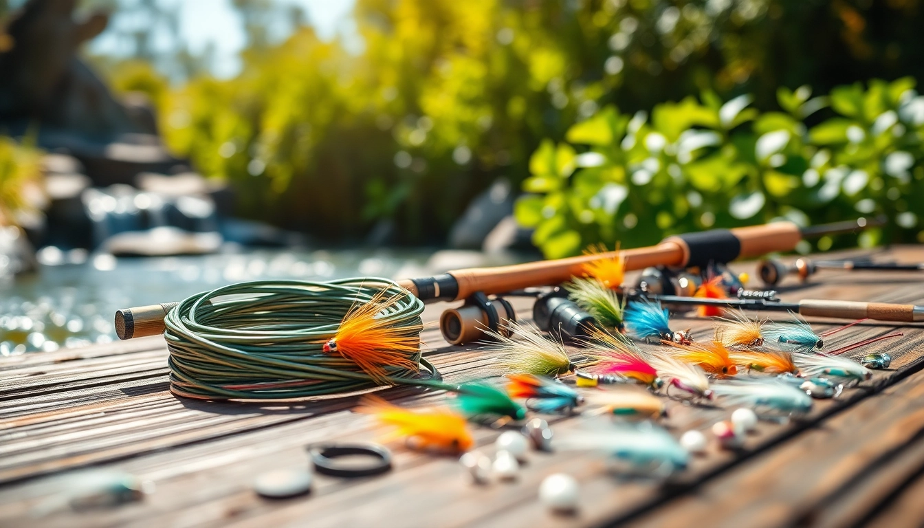 Showcase a Fly fishing kit arranged attractively with nature backdrop, highlighting professional fishing gear.