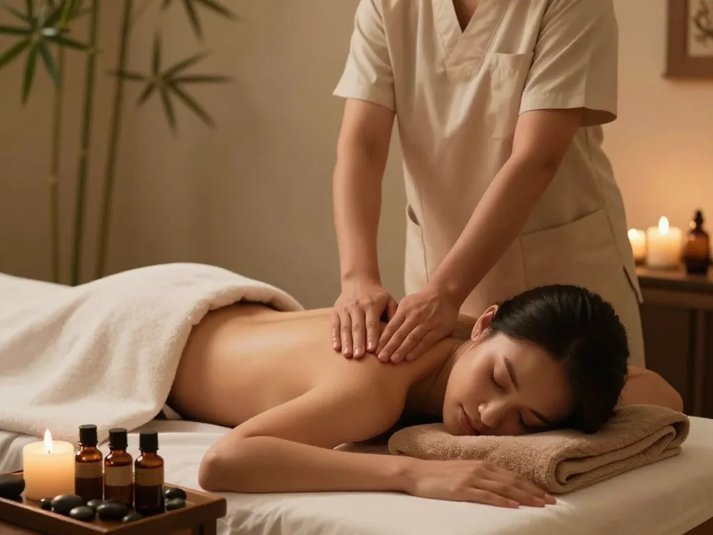 Relaxing home massage by maxim-anma.net therapist in soothing setting with essential oils and soft lighting.