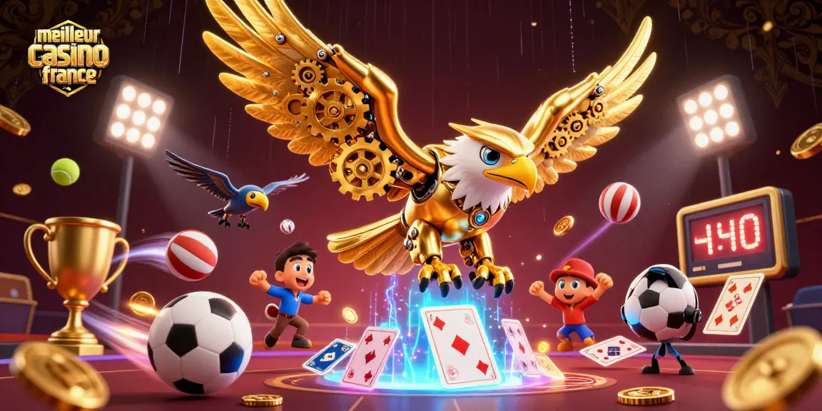 Illustration dynamique d'un cyber-aigle en 3D plongeant à travers des cartes holographiques, représentant le meilleur casino en ligne France.