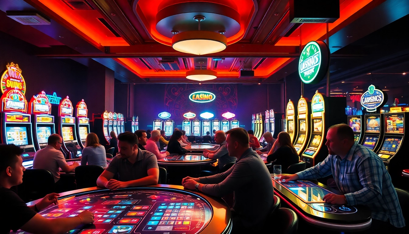 Experience the thrill of Vegas hero casino with vibrant lights and engaged players at gaming tables.