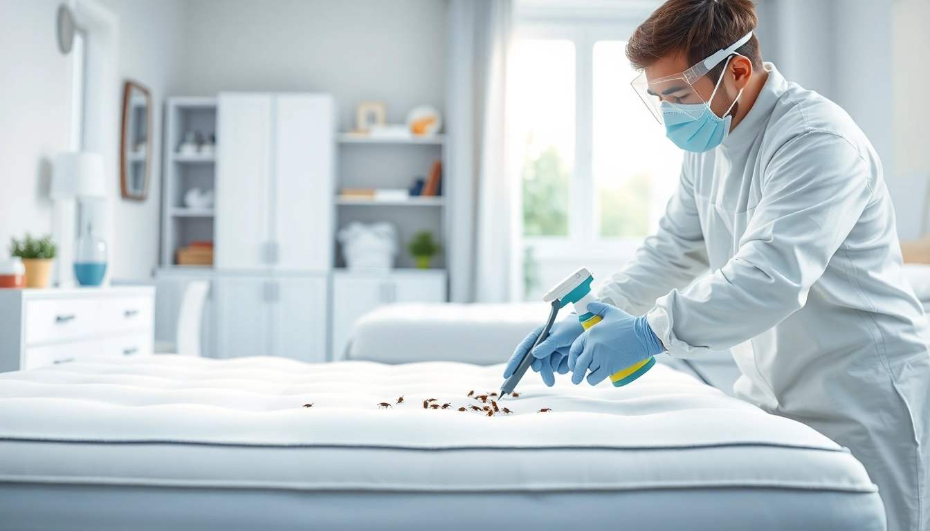 Technician applying bed bug chemical treatment in a bedroom environment.