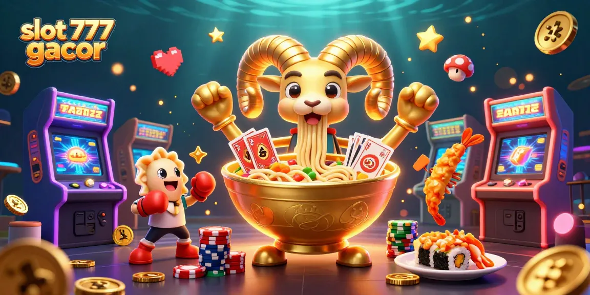 Engage with slot 777 gacor gameplay featuring a cartoon ramen bowl dealing cards in an animated arcade scene.