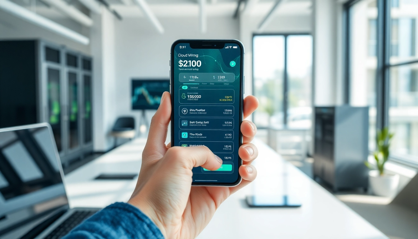 Interactive cloud mining app interface on smartphone illustrating passive income potential.