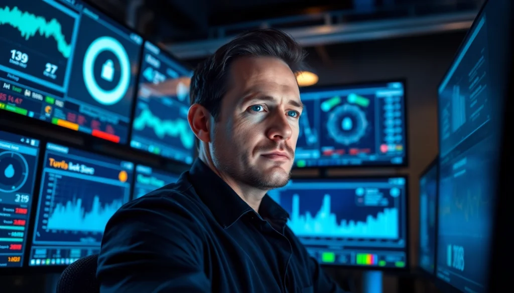 Network Monitoring Tampa: IT technician overseeing data analytics in a modern office environment.