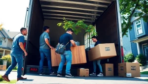 Toronto movers efficiently loading boxes into a moving truck in a sunny Toronto neighborhood.