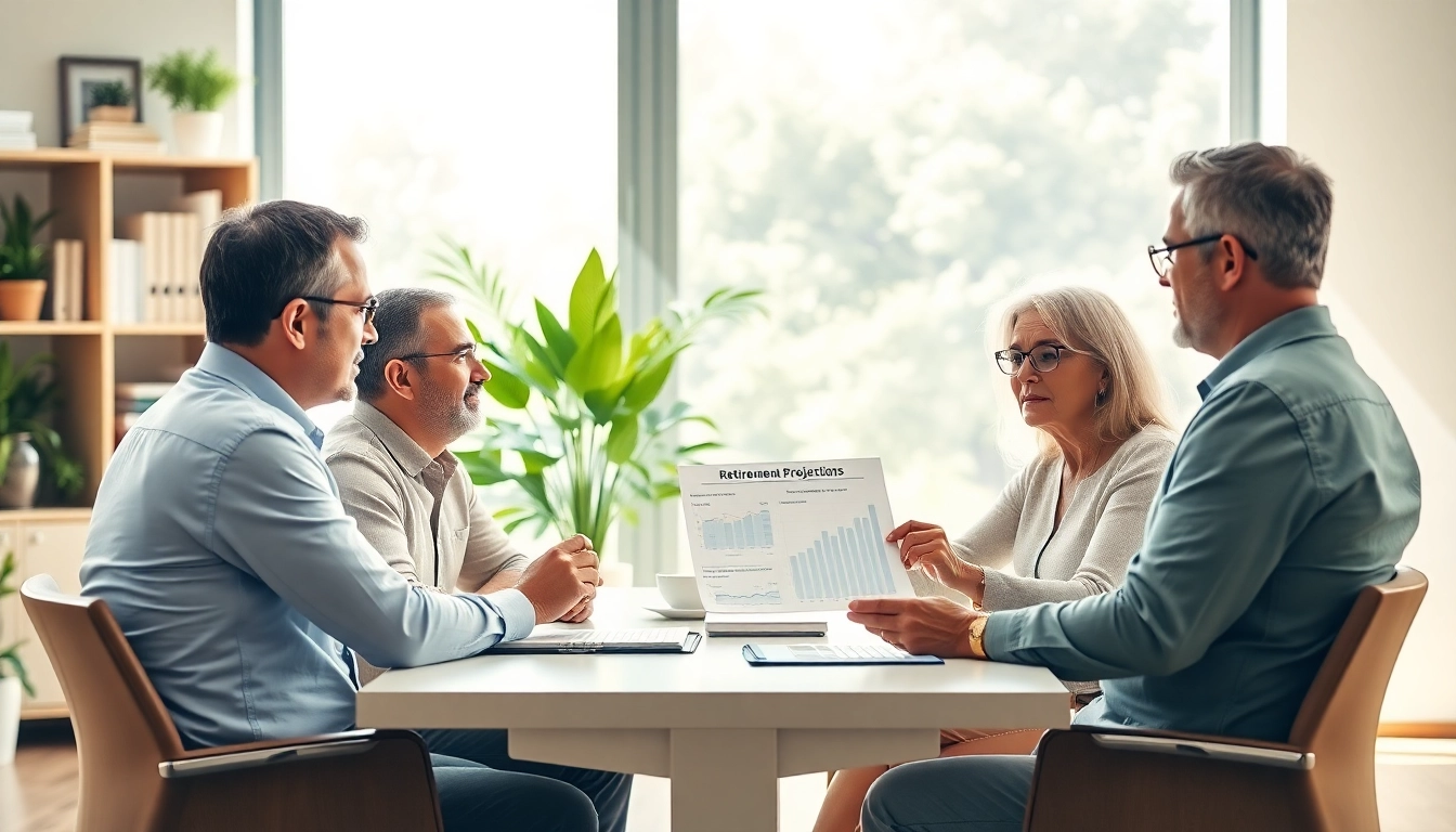 Engaging financial planner discussing retirement planning San Antonio with attentive clients in a modern office.