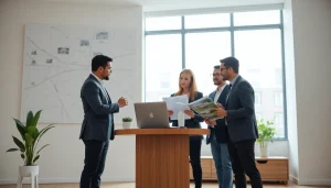 Real Estate agent guiding clients in a professional office environment with a welcoming atmosphere.