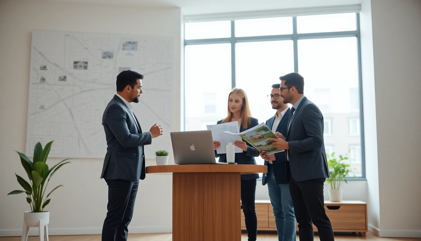 Real Estate agent guiding clients in a professional office environment with a welcoming atmosphere.