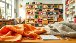 Katoen stof in een creatieve naaiatelier met kleurrijke voorbeelden en accessoires.