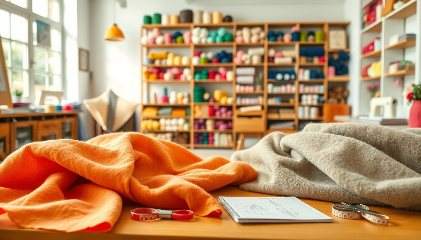 Katoen stof in een creatieve naaiatelier met kleurrijke voorbeelden en accessoires.