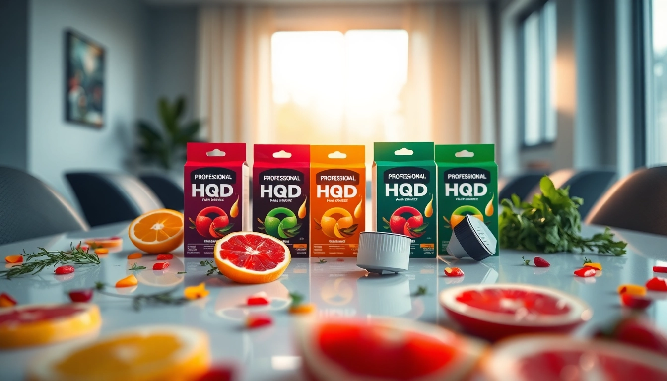 Hqd pods in a vibrant setting with fresh fruits and herbs, highlighting their stylish designs.