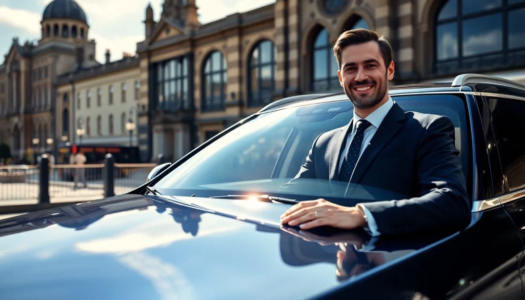 Experience premium Chauffeur Hire Nottingham with a professional driver near a luxury vehicle.