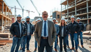 New Jersey Construction Manager directing a team at a construction site, emphasizing leadership.