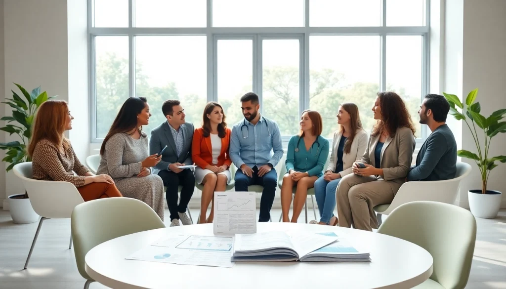 Showcasing health discussions among diverse individuals in a bright office environment.