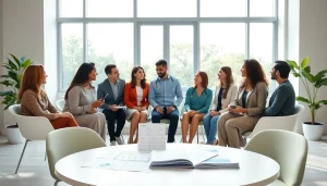 Showcasing health discussions among diverse individuals in a bright office environment.