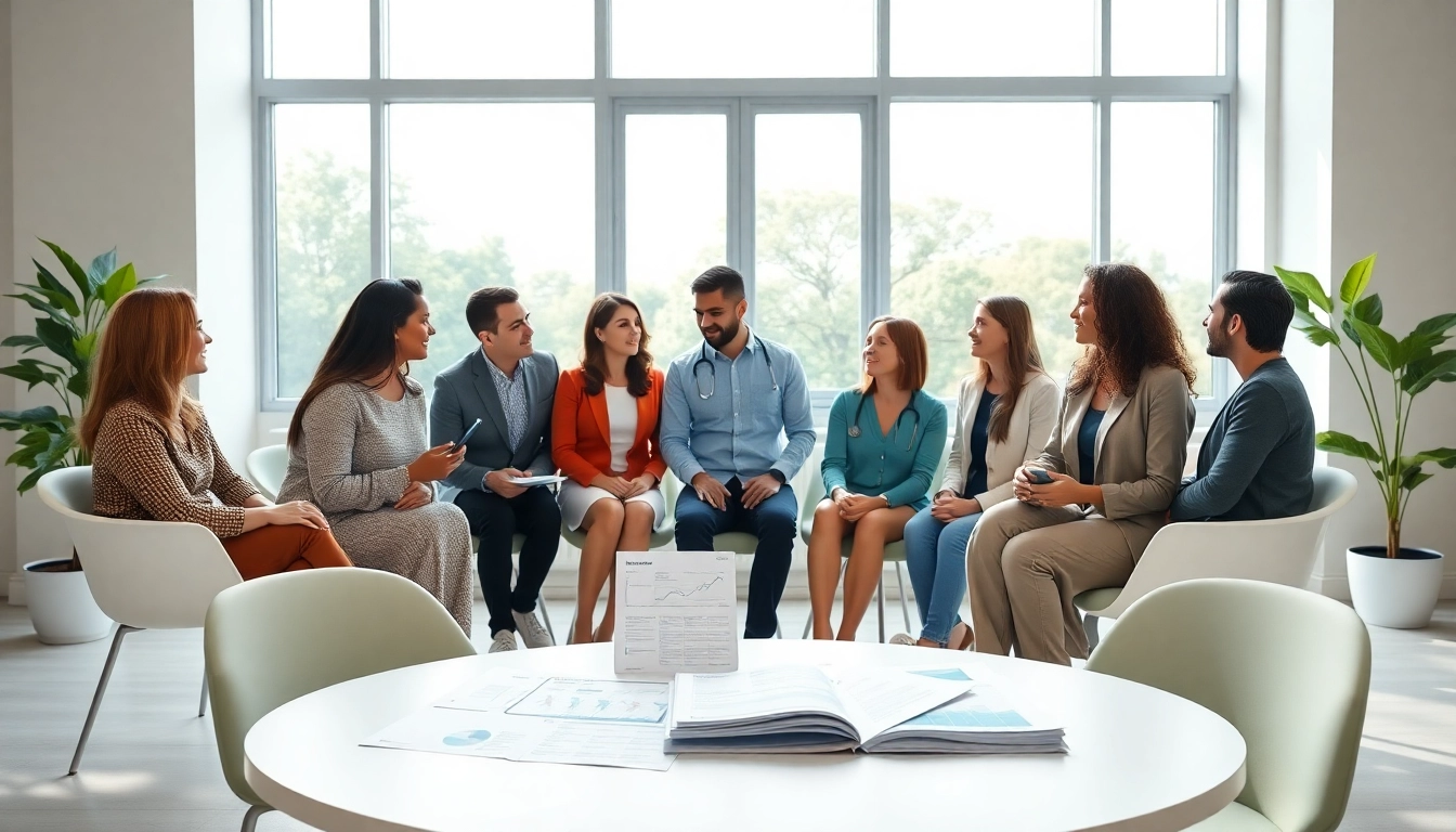 Showcasing health discussions among diverse individuals in a bright office environment.